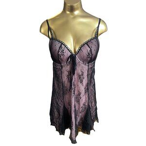 Vintage Black & Mauve Lace Babydoll Dress | Underwire | Sheer Lingerie - XL